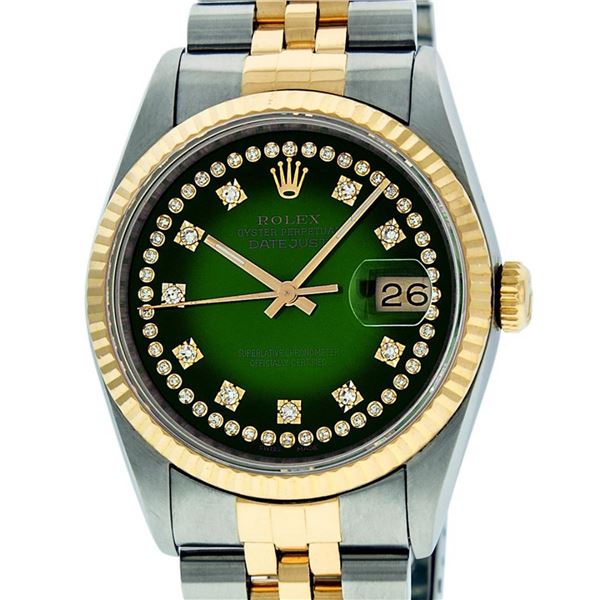 Rolex Mens 2 Tone Green Vignette String VS Diamond 36MM Datejust Wristwatch