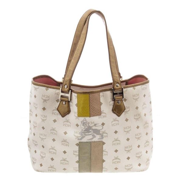 MCM White Visetos Coated Canvas Lion Shopper Tote