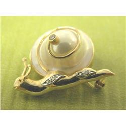 14K Gold Diamond Mother of Pearl Snail Pin #1702597