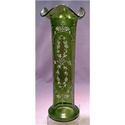 TALL ART NOUVEAU GREEN VASE WITH WHITE ENAMEL #1703151