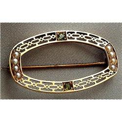 14 K GOLD FILIGREE ,GREEN GARNET & PEARL BROCH #1703208