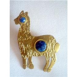 Etched Brass & Bezel Set Lapis Llama Brooch #1703430
