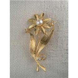 Estate 14K YG Gold Seed Pearl Diamond Brooch #1746247