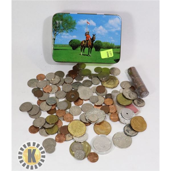 RCMP SOUVENIR TIN BOX, ASST US COINS, TOKENS, REPL