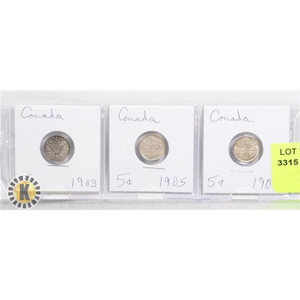 3 CANADIAN SILVER 5 CENT COINS 1903 1905 1906