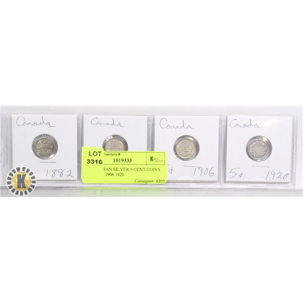 4 CANADIAN SILVER 5 CENT COINS 1882 1905 1906 1920