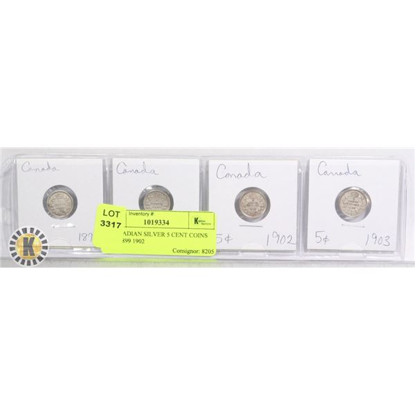 4 CANADIAN SILVER 5 CENT COINS 1893 1899 1902