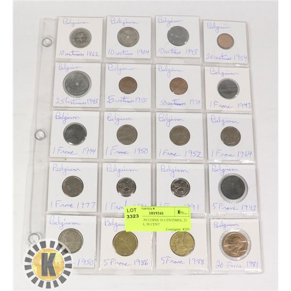 20 BELGIUM COINS 10 CENTIMES, 25 CENTIMES, 50 CENT