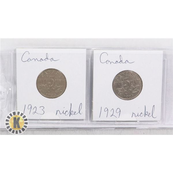 2 CANADIAN 5 CENT COINS DATED 1923 AND 1927