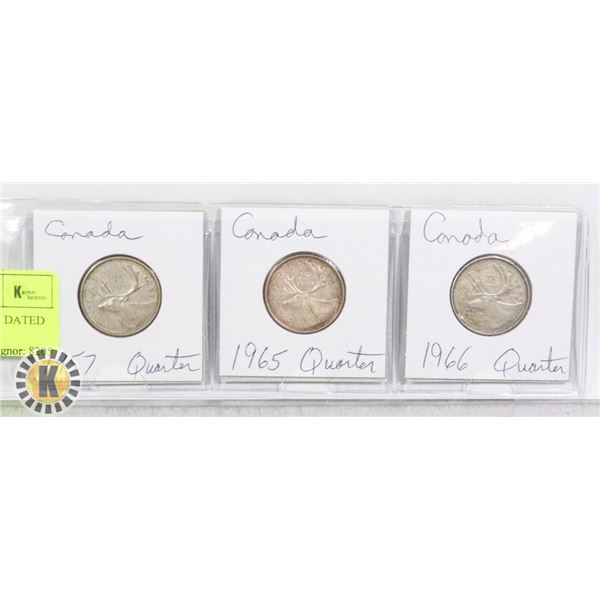3 CANADIAN 25 CENT COINS DATED 1957, 1965 AND