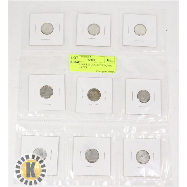 1950'S & 60'S $.10 COLLECTION, 80% SILVER, 9 PCS.