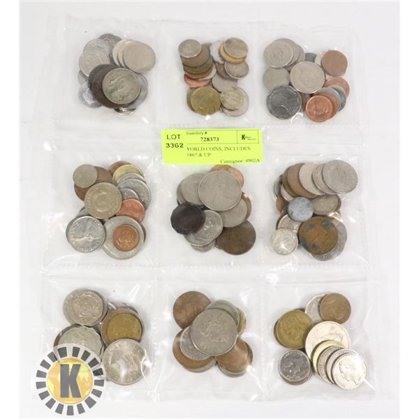 LOT OF WORLD COINS, INCLUDES SILVER, 1867 & UP