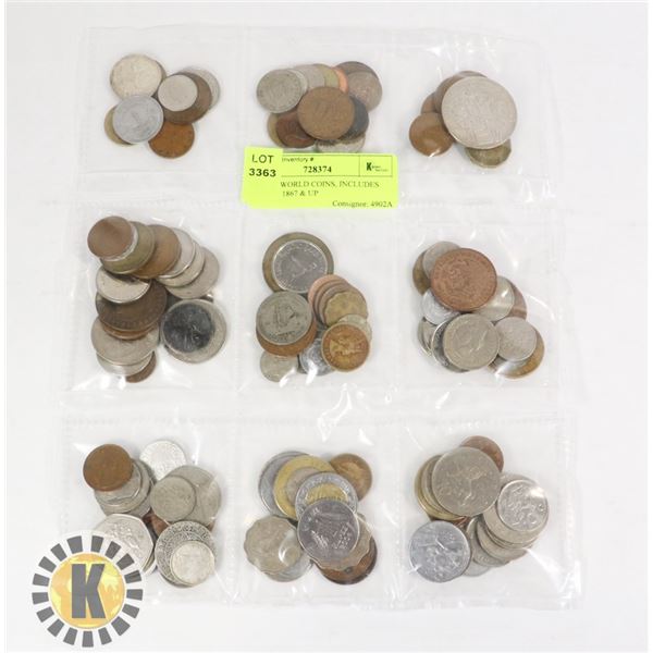 LOT OF WORLD COINS, INCLUDES SILVER, 1867 & UP