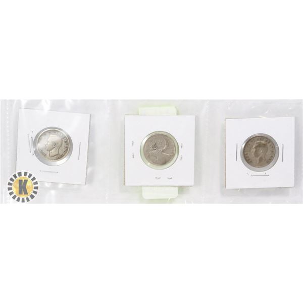 1945, 1938, 1951 $.25, KING GEORGE, 80% SILVER