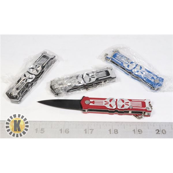4 NEW MINI SKULL KNIVES - 2 BLACK, 1 BLUE, 1 RED