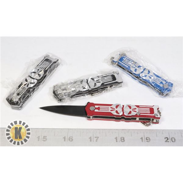4 NEW MINI SKULL KNIVES - 2 BLACK, 1 BLUE, 1 RED