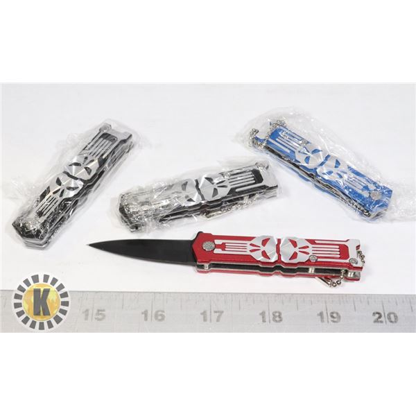 4 NEW MINI SKULL KNIVES - 2 BLACK, 1 BLUE, 1 RED