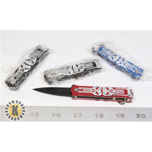 4 NEW MINI SKULL KNIVES - 2 BLACK, 1 BLUE, 1 RED