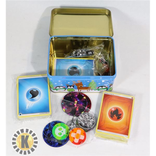 TIN WITH POKEMON ENERGY CARDS, DICE ETC.