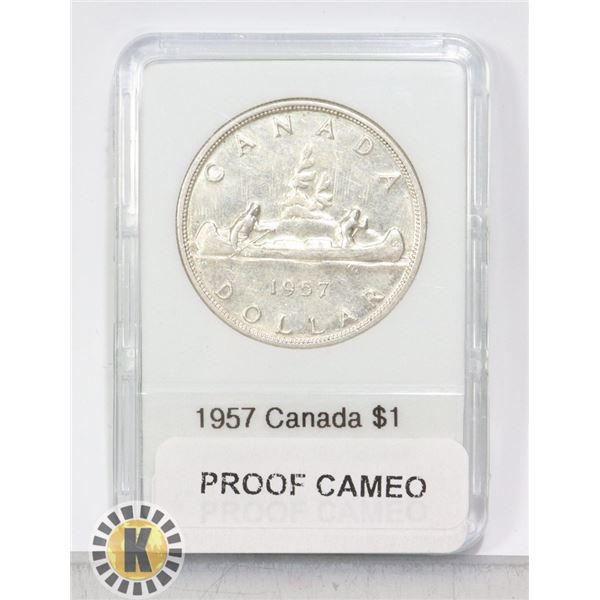 CANADIAN 1957 SILVER $1, PROOF CAMEO, 3 WL VARIETY