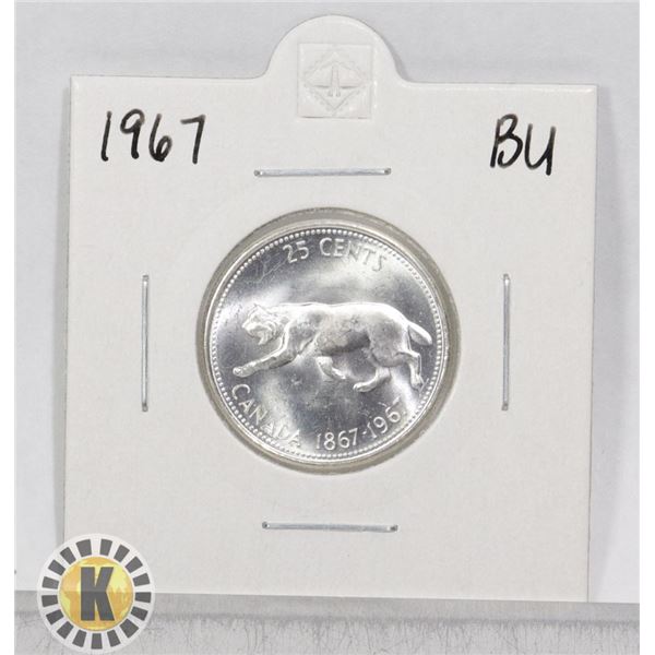 1967 SILVER CANADA BOBCAT 25c COIN, BU
