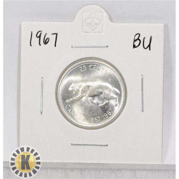 1967 SILVER CANADA BOBCAT 25c COIN, BU