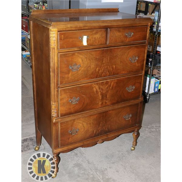 WOOD FOUR DRAWER DRESSER WITH DETAILED WOODWORK