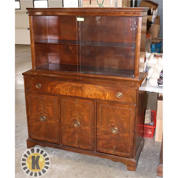 WOOD "KNECHTEL" BUFFET WITH GLASS WINDOW UPPER