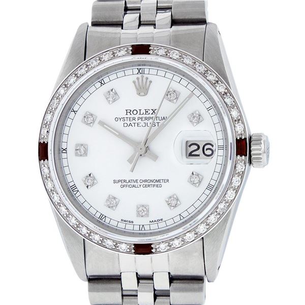 Rolex Mens Stainless Steel White Diamond & Ruby 36MM Datejust Wristwatch