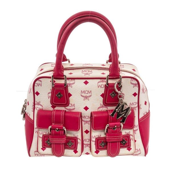 MCM Pink  White Visetos Coated Canvas  Leather Satchel Bag