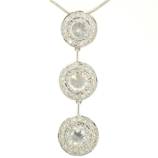 Vintage 18K White Gold 2.59 ctw 3 Rose Cut Diamond Drop Pendant w/ Triple Halo