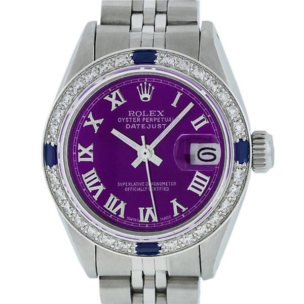 Rolex Ladies Stainless Steel Purple Diamond & Sapphire Datejust Wristwatch 26MM
