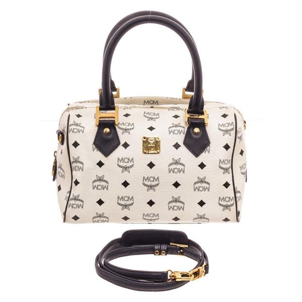 MCM White  Navy Blue Visetos Coated Canvas Boston Bag