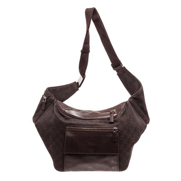 Gucci Dark Brown Beige Canvas Leather Large Waist Bag