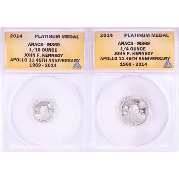 Set of 2014 Proof 1/10 & 1/4 oz Platinum JFK Apollo 11 Anniversary Medals ANACS MS69