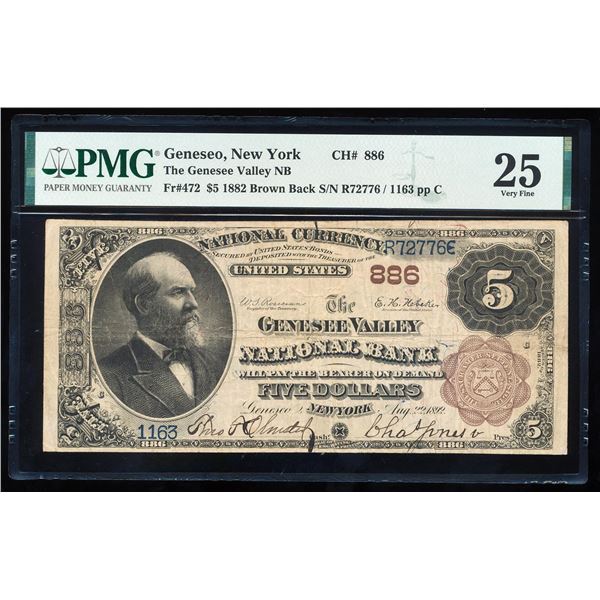 1882BB $5 Genesee Valley, NY CH# 886 National Bank Note PMG Very Fine 25