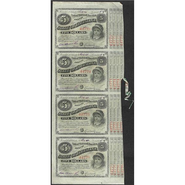 Uncut Sheet of (4) State of Louisiana Baby Bond Obsolete Notes