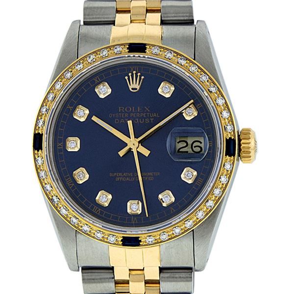 Rolex Men's Two Tone Blue Diamond & Sapphire Oyster Perpetual Datejust Wristwatch