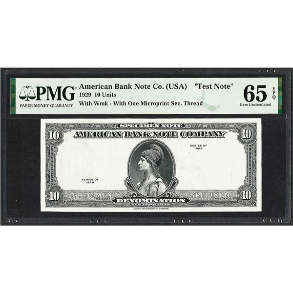 1929 10 Unit American Bank Note Co. "Test Note" PMG Gem Uncirculated 65EPQ