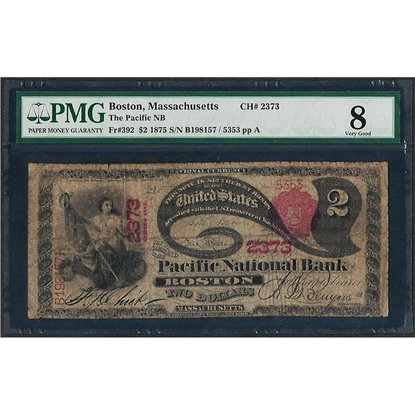 1875 $2 Lazy Deuce Pacific NB Boston, MA CH# 2373 National Currency Note PMG Very Good 8