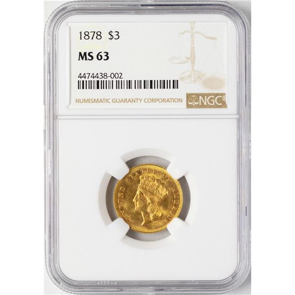 1878 $3 Indian Princess Head Gold Coin NGC MS63
