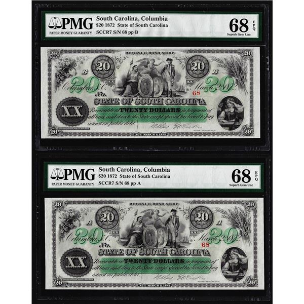 Matching Serial Set- 1872 $20 South Carolina Obsolete Notes PMG Superb Gem Unc. 68EPQ