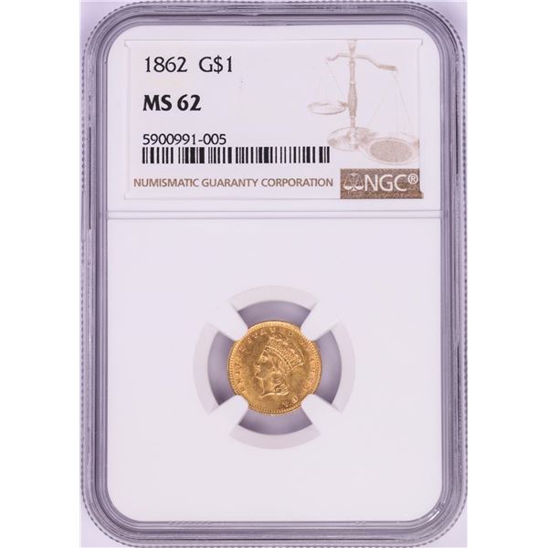 1862 $1 Indian Princess Head Gold Dollar Coin NGC MS62