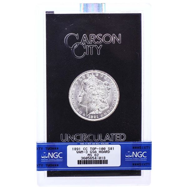 1891-CC VAM-3 $1 Morgan Silver Dollar Coin GSA Hoard  NGC MS62 with Box & COA