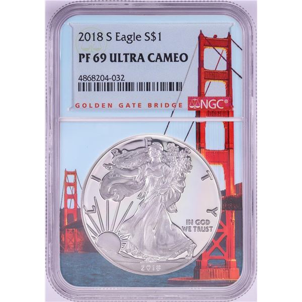 2018-S $1 Proof American Silver Eagle Coin NGC PF69 Ultra Cameo Bridge Core