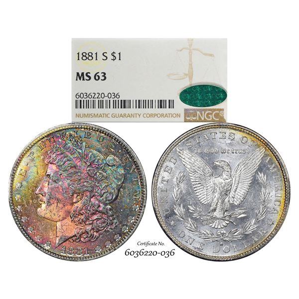 1881-S $1 Morgan Silver Dollar Coin NGC MS63 CAC Amazing Toning
