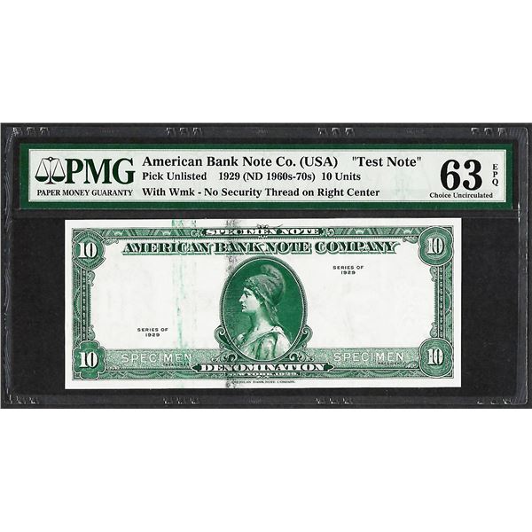 1929 10 Unit American Bank Note Co. "Test Note" PMG Choice Uncirculated 63EPQ