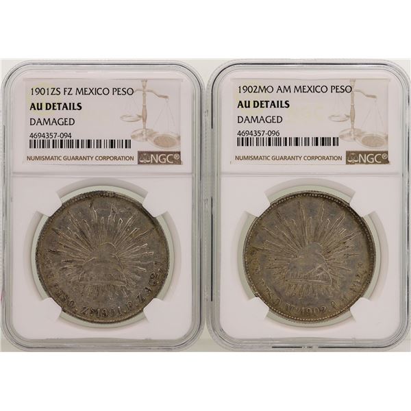Lot of 1901ZS & 1902MO Mexico Pesos Silver Coins NGC Graded AU Details