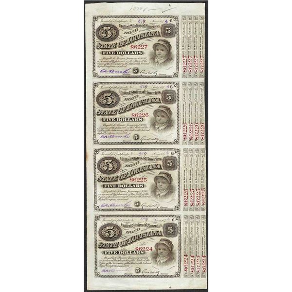 Uncut Sheet of (4) State of Louisiana Baby Bond Obsolete Notes