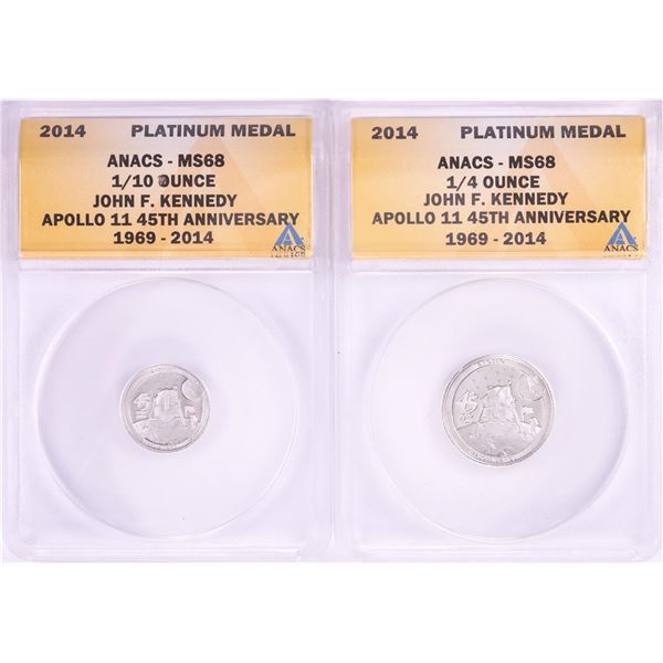 Set of 2014 Proof 1/10 & 1/4 oz Platinum JFK Apollo 11 Anniversary Medals ANACS MS68